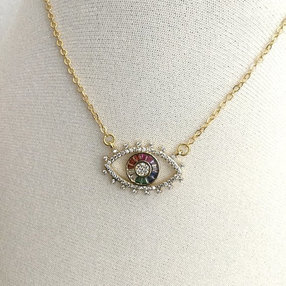 Evil Eye Multi Colour Cubic Zirconia Sparkly Necklace - Picture 3 of 4